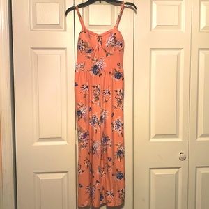 This is a pink floral jumpsuit!